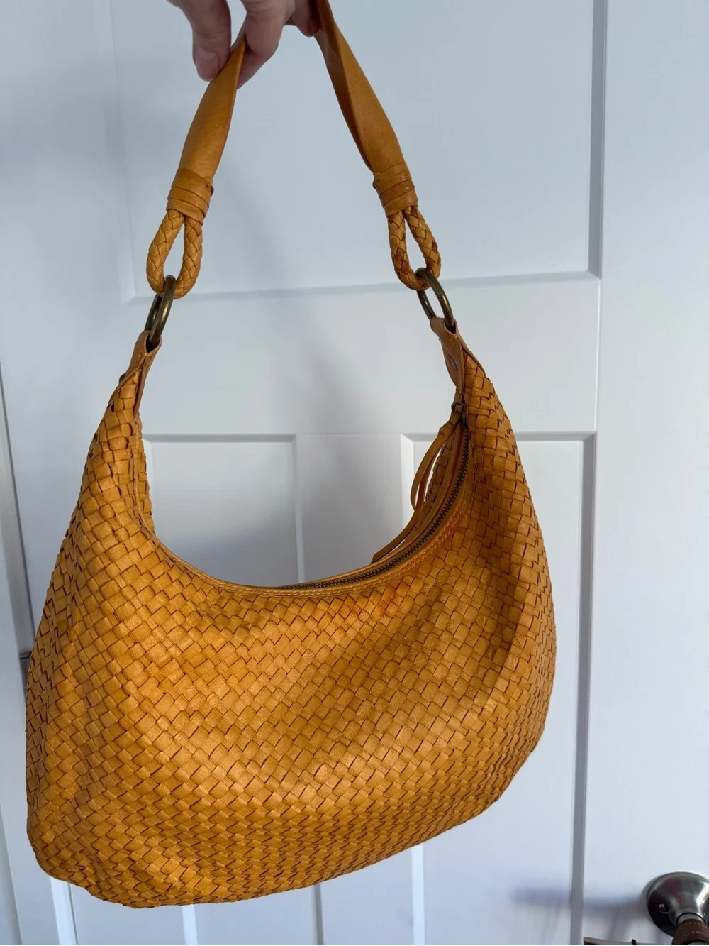 Elliott Lucca Woven Leather Hobo Shoulder Bag Mustard Cognac Large Tote